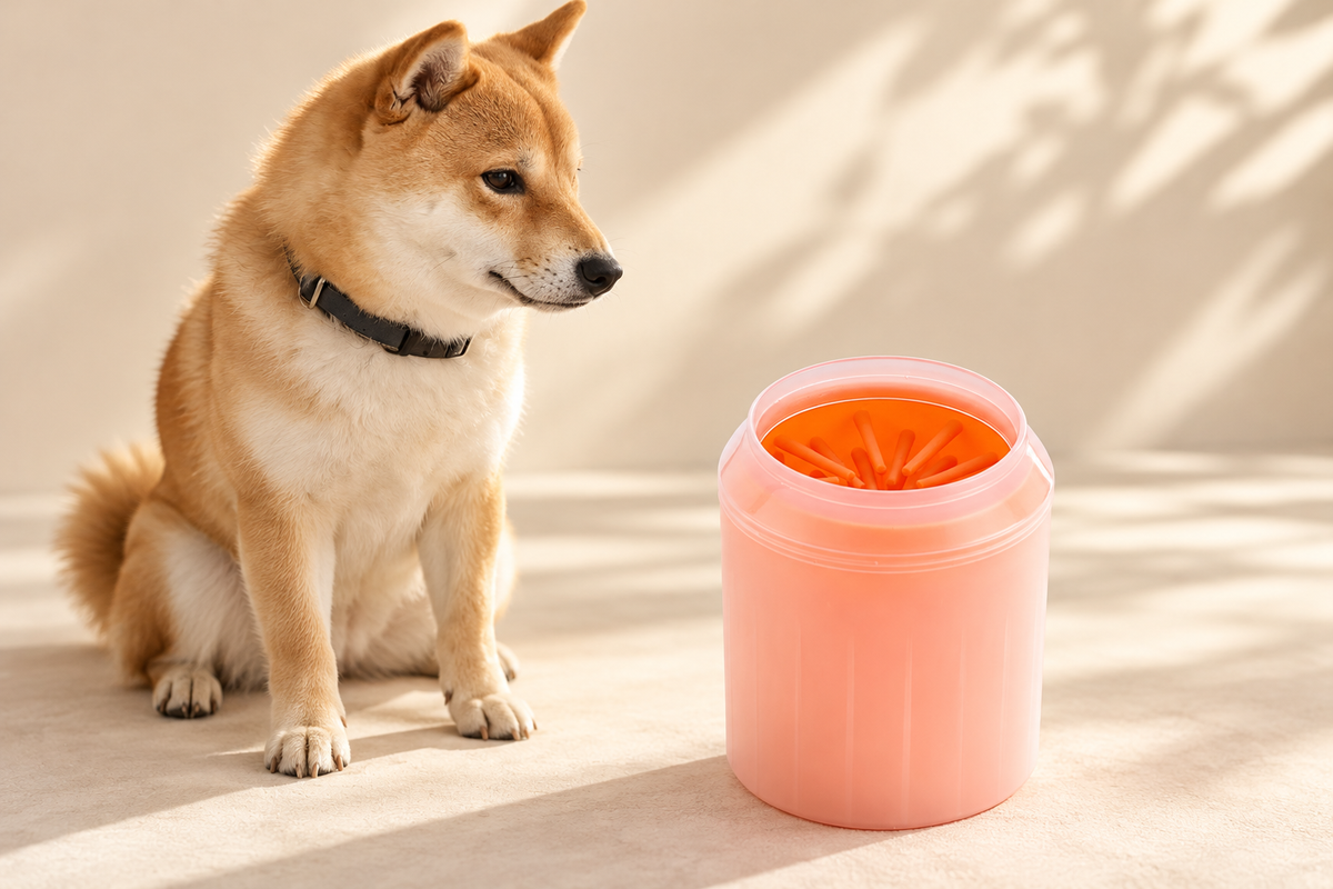 Hund sitzt neben dem Pfotenreiniger