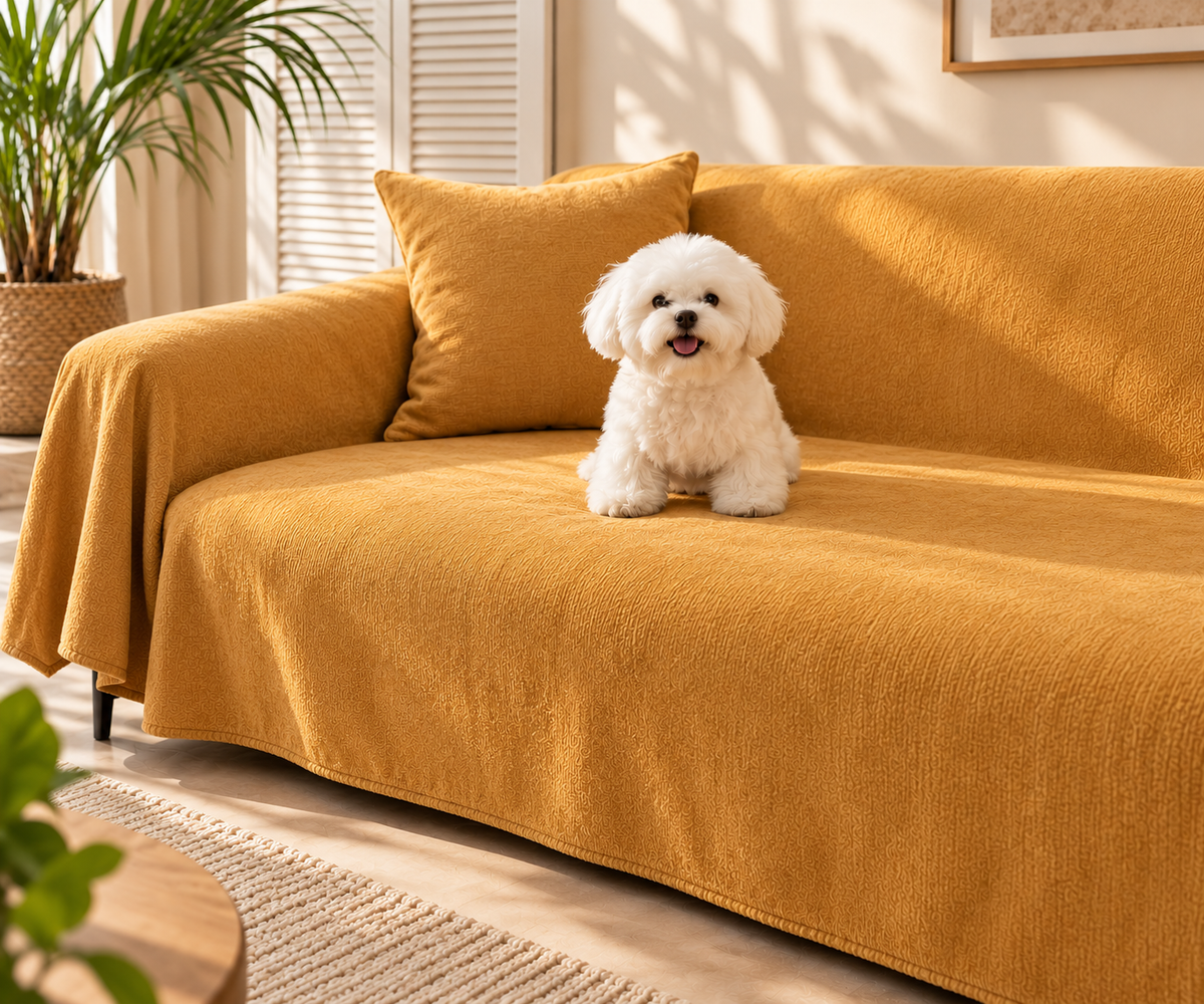 Hund auf Sofa mit Schutzdecke