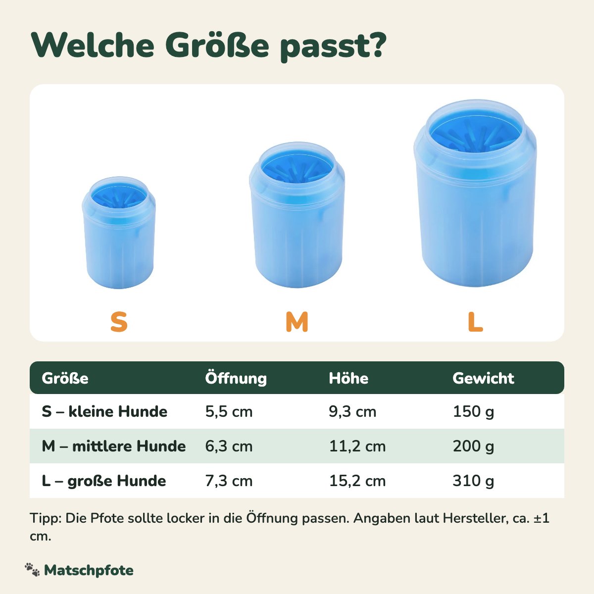 Größentabelle Pfotenreiniger S, M, L