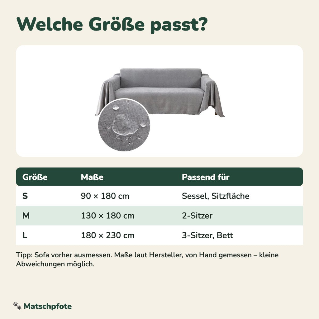Größentabelle Sofa-Schutzdecke S, M, L