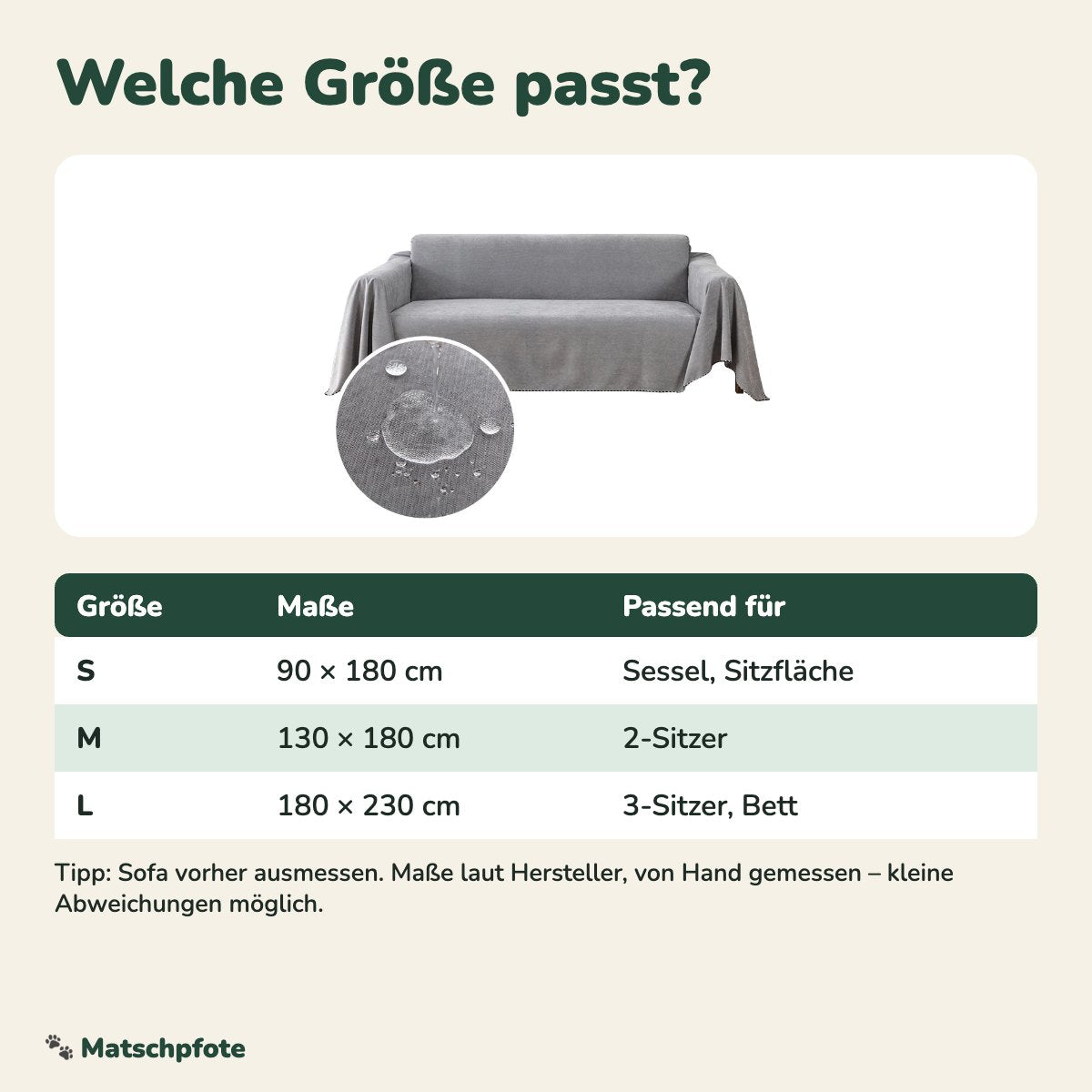 Größentabelle Sofa-Schutzdecke S, M, L