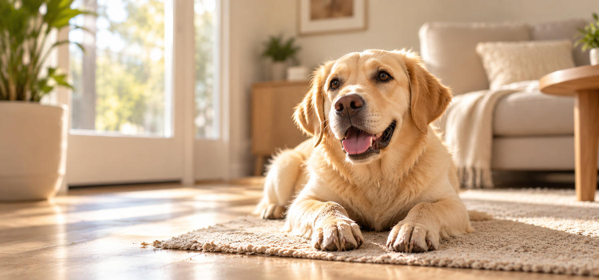 Hund liegt entspannt auf einem Teppich im hellen Wohnzimmer