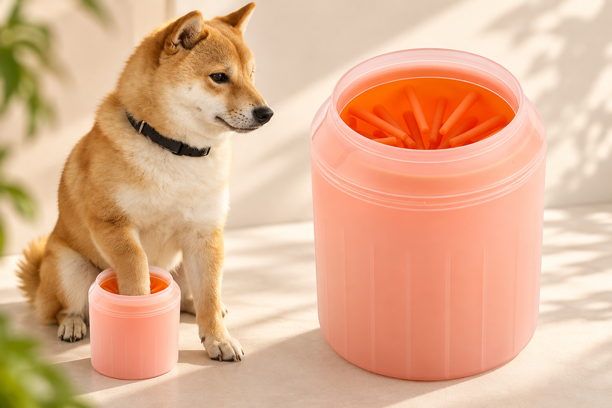 Hund mit Pfote im Pfotenreiniger